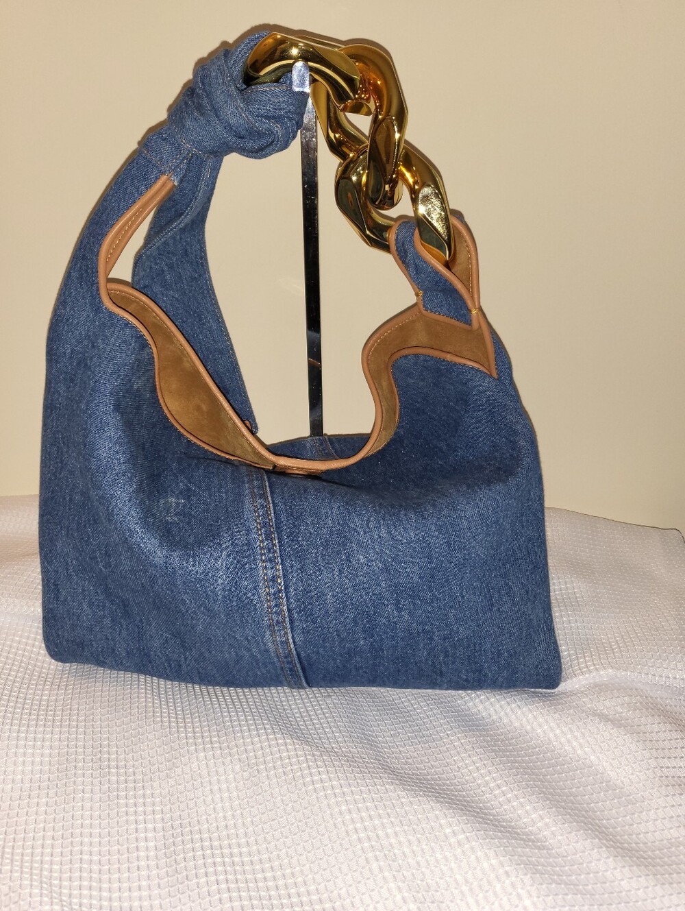 JW Abderson Denim Hobo Bag with Gold Chain Accent